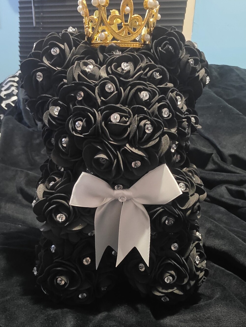 Black Rose Teddy Bear with Rhinestones and Gold Crown